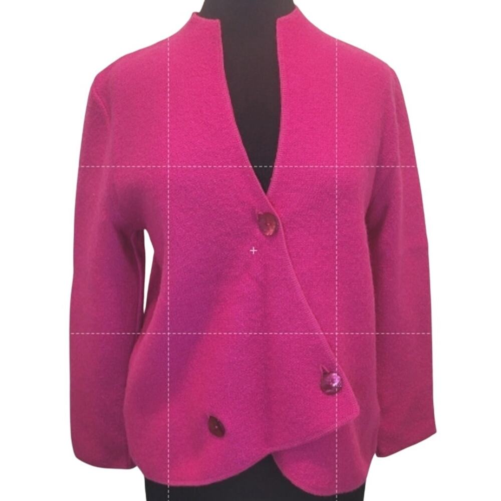 VTG 80s Asymmetrical Relaxed Wool Cardigan Fuchsia M Luxe Teacher Professor Chic